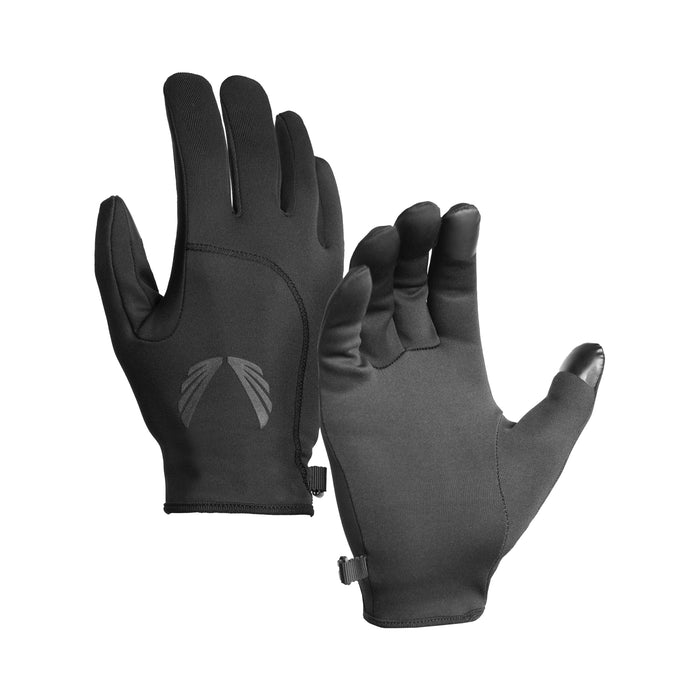 flatlay Aeroheat Lightweight Gloves in black, front and back view on white background