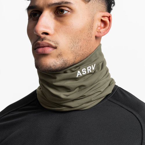Thermal Gaiter in faded olive worn as neck gaiter, side profile view