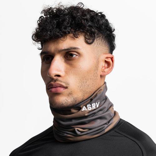 Thermal Gaiter in rust camo worn by male model, side profile view