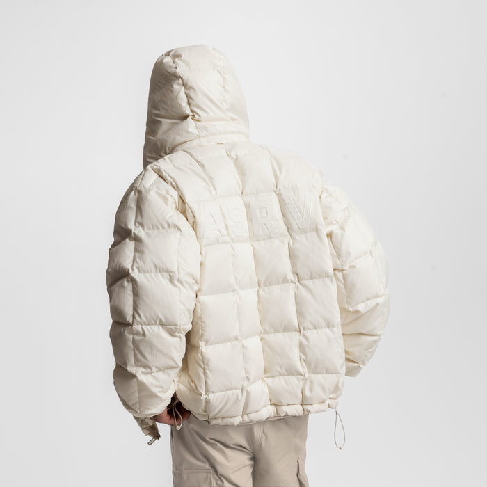 Weather-Ready Down Puffer Jacket in ivory cream, back view on model with hood up