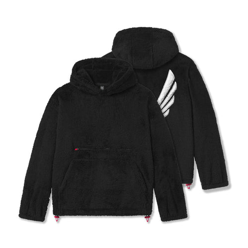 flatlay sherpa recovery hoodie in black with white wing graphic, front view