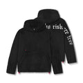 flatlay sherpa recovery hoodie in black with white text, front view