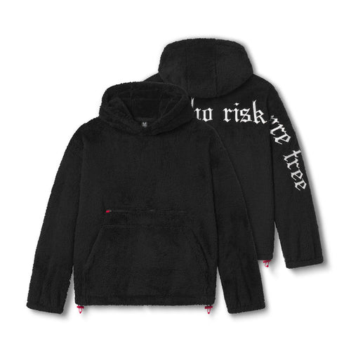 flatlay sherpa recovery hoodie in black with white text, front view