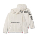 flatlay Sherpa Recovery Hoodie in ivory cream with black text and red drawstring details, front and back views