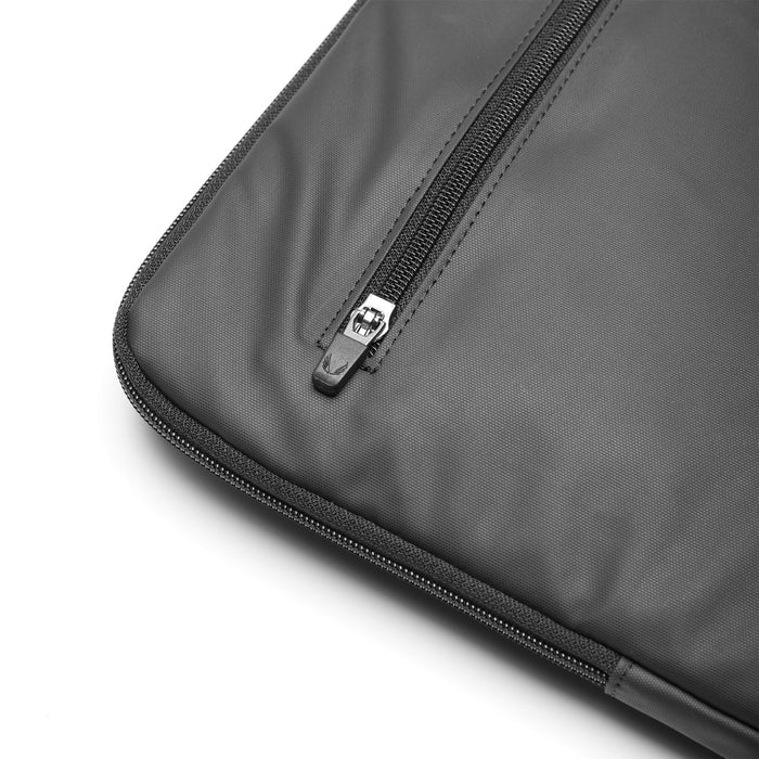 flatlay Water Resistant Padded Laptop Case in black, zipper detail closeup