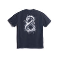 Flatlay of navy cotton tee with white dragon graphic design on back, shot from above