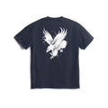 Flatlay of navy cotton tee with white eagle graphic print, back view