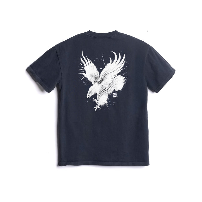 Flatlay of navy cotton tee with white eagle graphic print, back view