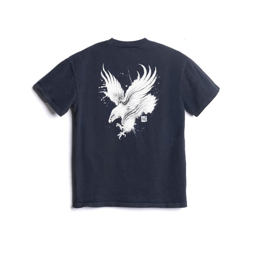 Flatlay of navy cotton tee with white eagle graphic print, back view
