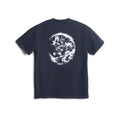 Flatlay of navy cotton tee with white graphic artwork, back view
