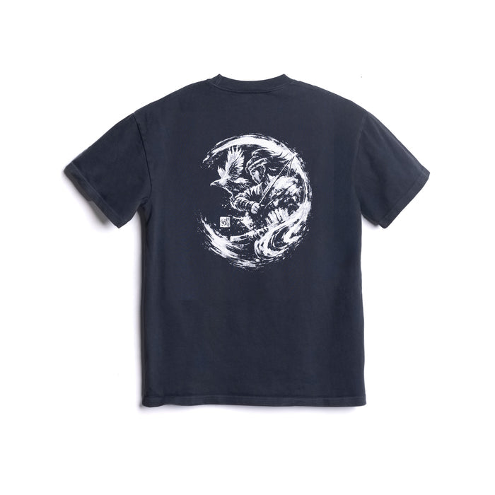 Flatlay of navy cotton tee with white graphic artwork, back view