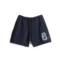 flatlay LE Cotton Shorts in navy with dragon graphic design, front view