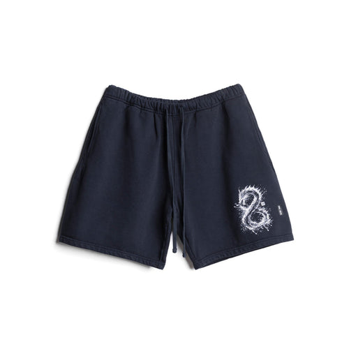 flatlay LE Cotton Shorts in navy with dragon graphic design, front view