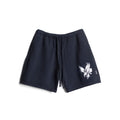 flatlay LE Cotton Shorts in navy with white eagle graphic, front view