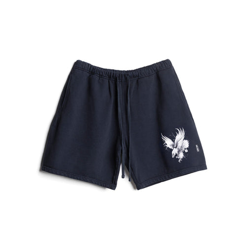 flatlay LE Cotton Shorts in navy with white eagle graphic, front view