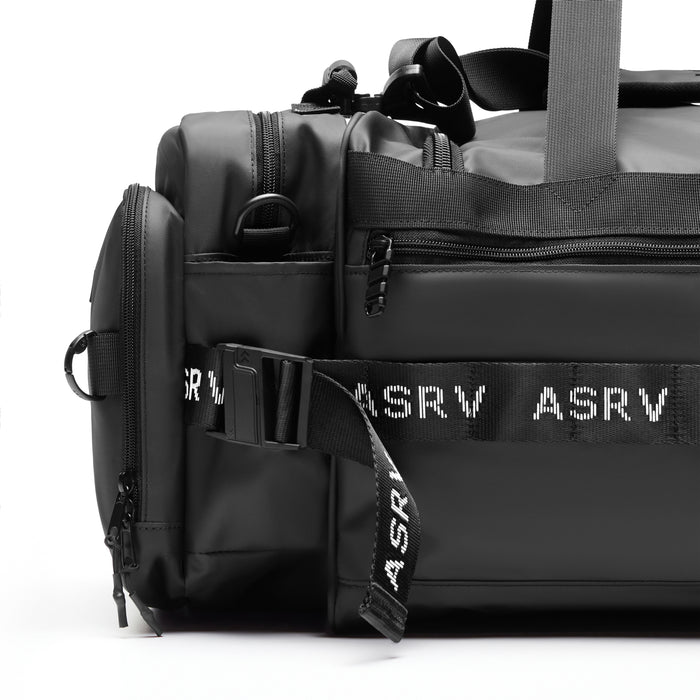 Flatlay Waterproof 2-in-1 Travel Duffle in black, side view