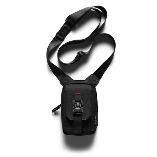 flatlay Waterproof Phone Holster Bag in black with shoulder strap, front view