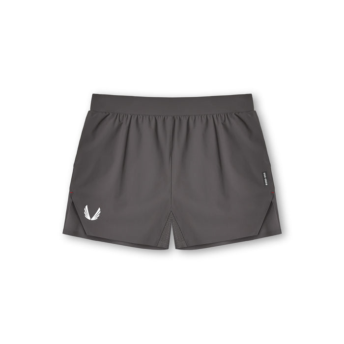 Flatlay of Tetra-Lite Laser Cut 3" shorts in space grey, front view