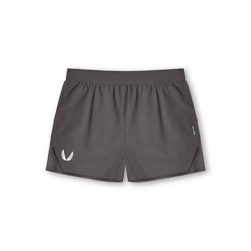 Flatlay of Tetra-Lite Laser Cut 3" shorts in space grey, front view