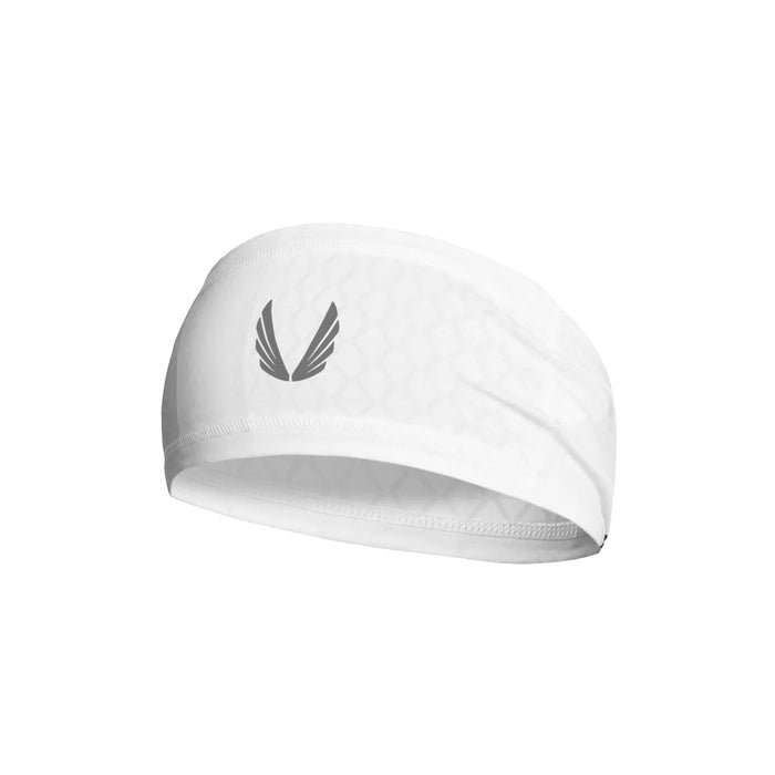 flatlay ASRV Outlast Phase Change Headband in white with reflective wings logo, front view