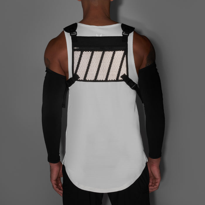 0634 Conditioning Chest Pack in grey reflective, back view worn with arm sleeves