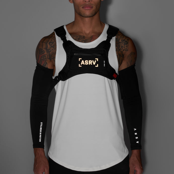 Waterproof Cordura® Conditioning Chest Pack in black, worn on model, front view