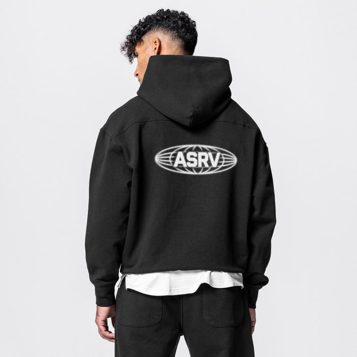 Tech-Terry™ Hoodie in black with ASRV logo, worn by model, back view