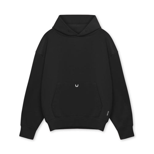 flatlay of black Tech-Terry™ hoodie with kangaroo pocket and small logo, front view