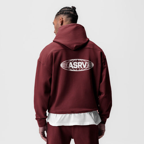 Tech-Terry Hoodie in crimson worn by model, back view showing ASRV logo