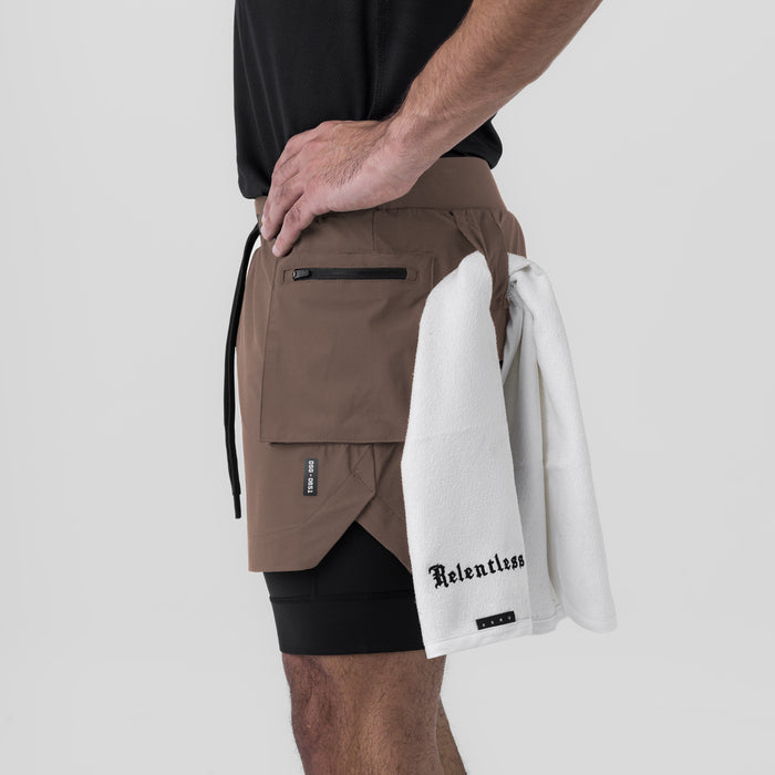 Tetra-Lite Liner Cargo Short in Deep Taupe, worn with white towel, side view