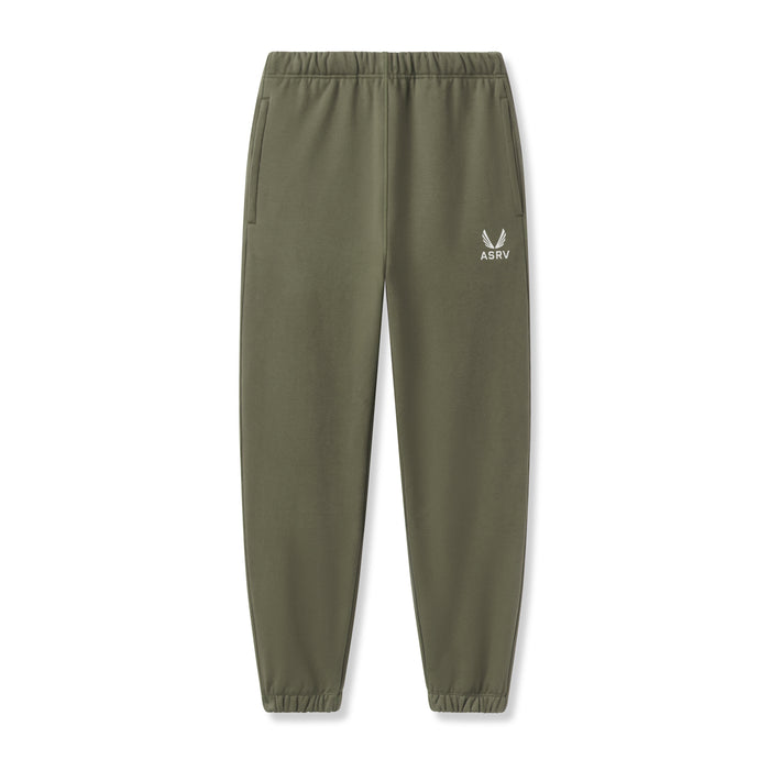 flatlay Tech-Terry Oversized Sweats joggers in olive with ASRV emblem logo, front view