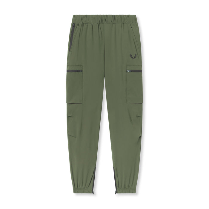 Flatlay of Tetra-Lite Standard Zip Jogger in olive green with cargo pockets, front view