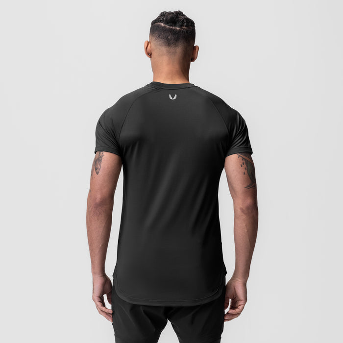 AeroSilver Established Tee in black, back view on model