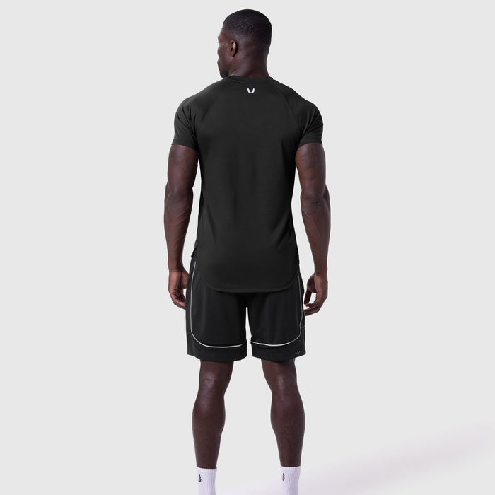 AeroSilver Established Tee in black worn by model, back view