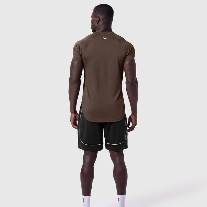 AeroSilver Established Tee in Dark Earth worn with black shorts, back view