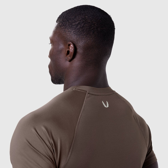 AeroSilver Established Tee in Dark Earth worn by model, back view