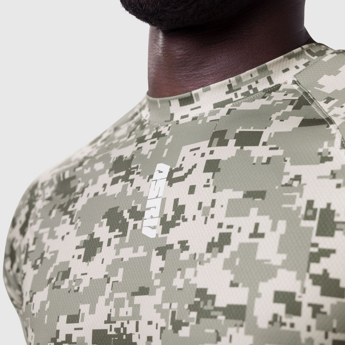 AeroSilver Established Tee in digital camo Blade worn by model, chest detail view