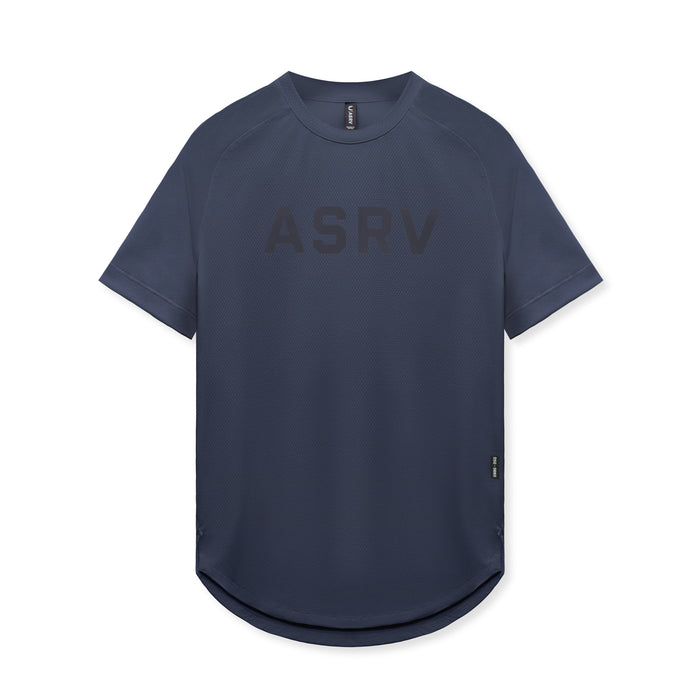 Flatlay of AeroSilver Established Tee in navy with ASRV logo, front view