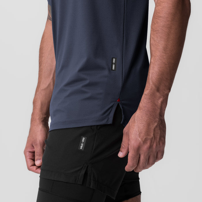 Navy AeroSilver Established Tee worn by model, side view showing fit