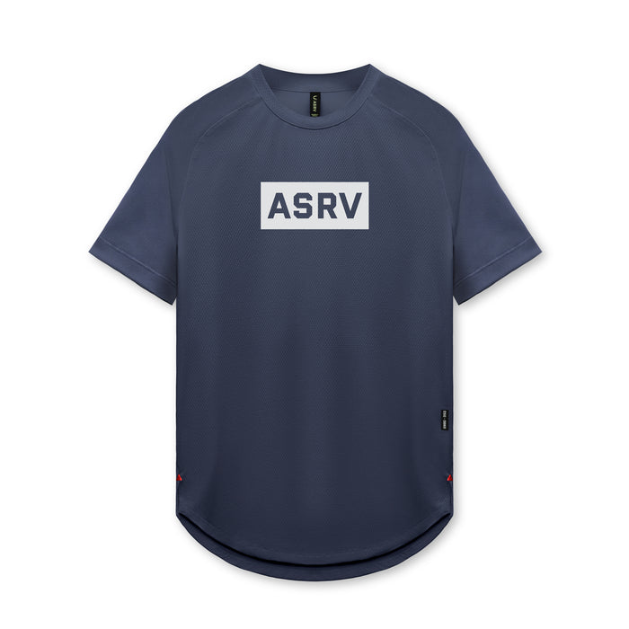 flatlay ASRV AeroSilver Established Tee in navy with white box logo, front view