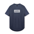 flatlay ASRV AeroSilver Established Tee in navy with white box logo, front view