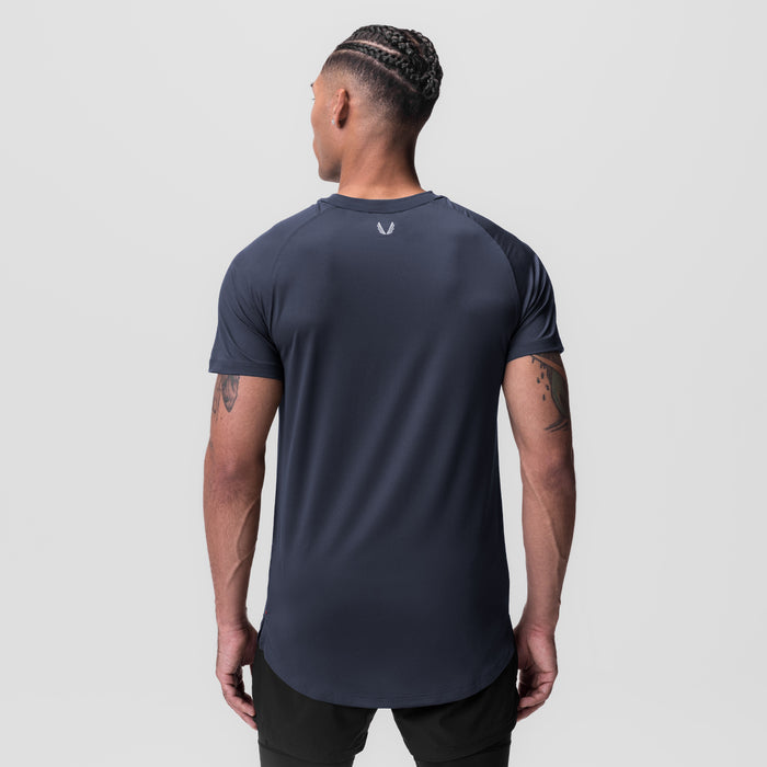 AeroSilver Established Tee in navy, back view on model