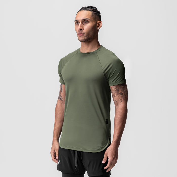 AeroSilver Established Tee in olive green, worn by male model standing against neutral background
