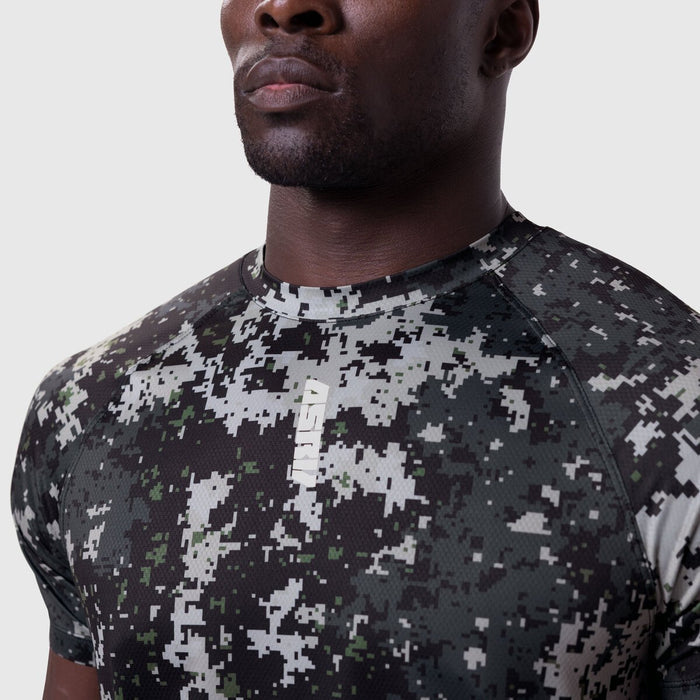 AeroSilver Established Tee in pixel camo black and white, worn by model, front view
