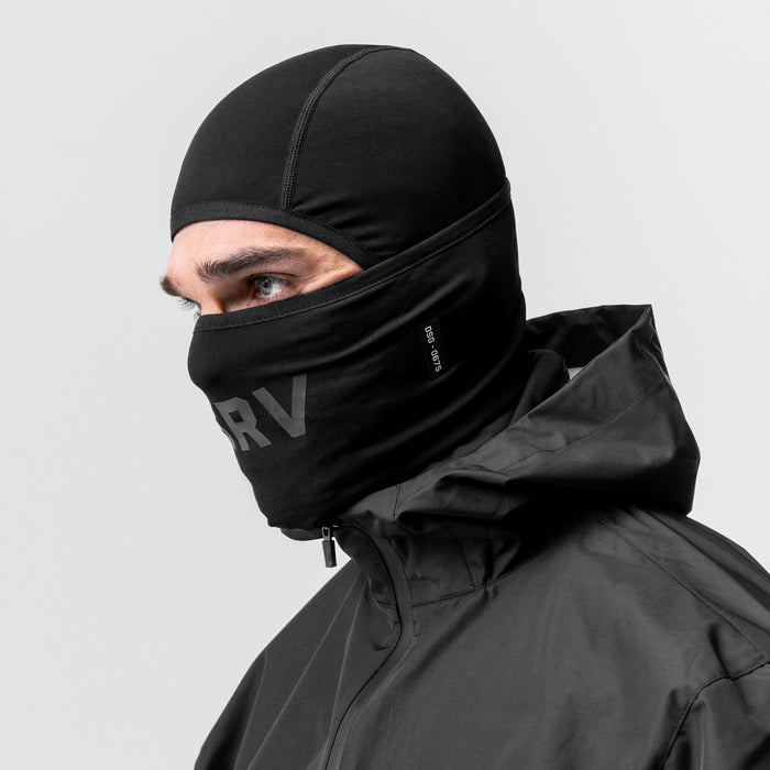 Thermal Balaclava in black, worn by model, front view