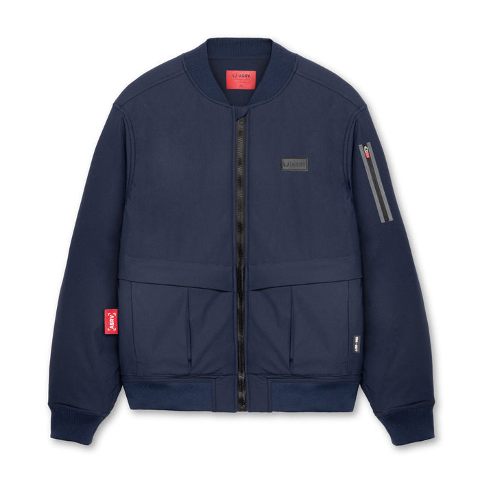 flatlay Kinterra Weatherproof Bomber Jacket in navy, front view