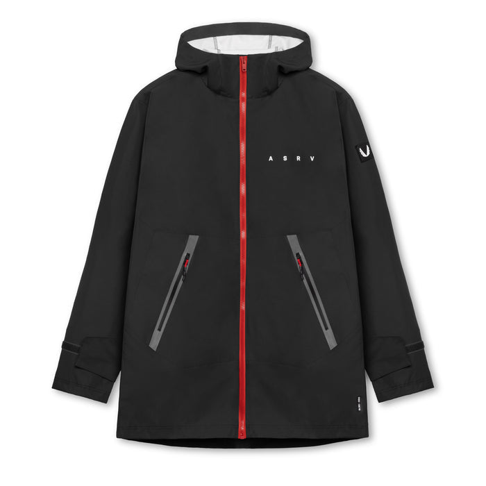 Flatlay of ASRV Hipora AQUAzip Tech Parka in black with red zipper, front view