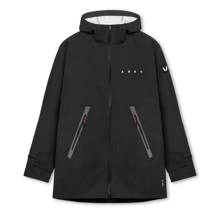 flatlay Hipora® Tech Parka in black, front view showing hood and chest pockets