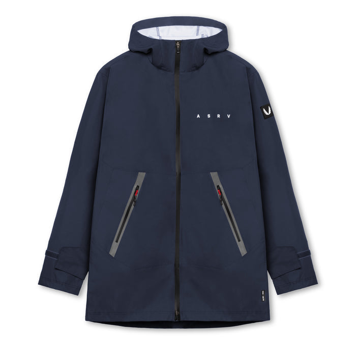 flatlay Hipora® Tech Parka in navy, front view with hood and zip pockets