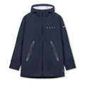 flatlay Hipora® Tech Parka in navy, front view with hood and zip pockets